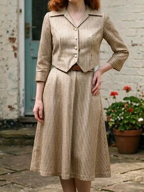 Authentic 1940s Handmade Satin Two Piece Dress Set Striped Vintage